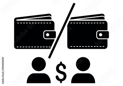 Two people splitting money financial transaction between two wallets icon vector