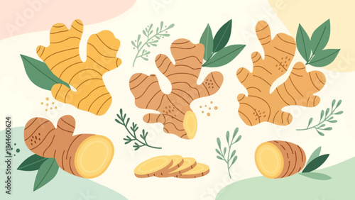 Fresh Ginger Root Chopped and Whole with Green Leaves Illustration