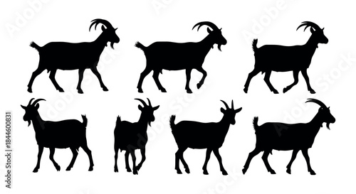 Collection of Detailed Black Silhouettes of Goats in Various Poses, Ideal for Farm Animal Vector Graphics and Design Elements for Agricultural Themes