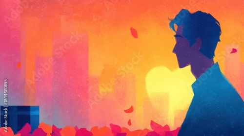 Person stands in front of colorful background with gift box nearby at sunset