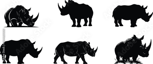 Six black and white rhinoceros silhouettes