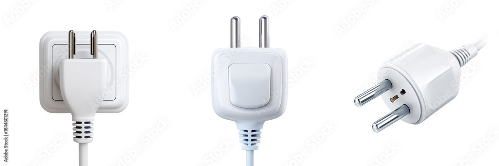 Obraz premium Three white electrical plugs with metal prongs and cords isolated on a transparent background power