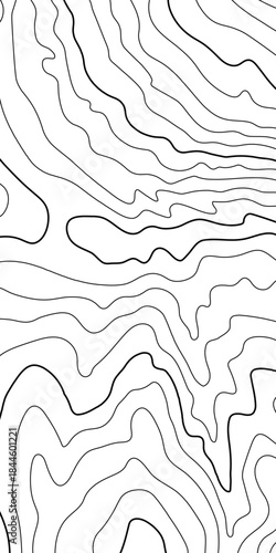 Topo contour lines as vertical topographic pattern. Clean line map with mountain terrain elevation curves for cartography and hiking designs. Black vector isolated outlines on a white background.