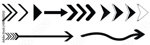 Set of black triangular arrow pointers isolated on white.Doddle arrow set, collection of hand drawn arrows