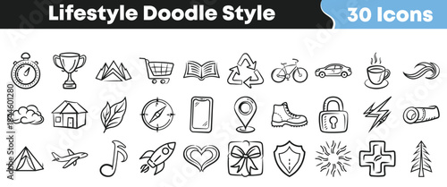 Collection of thirty hand drawn lifestyle doodle icons representing travel achievement nature technology and everyday activities in black and white on transparent background