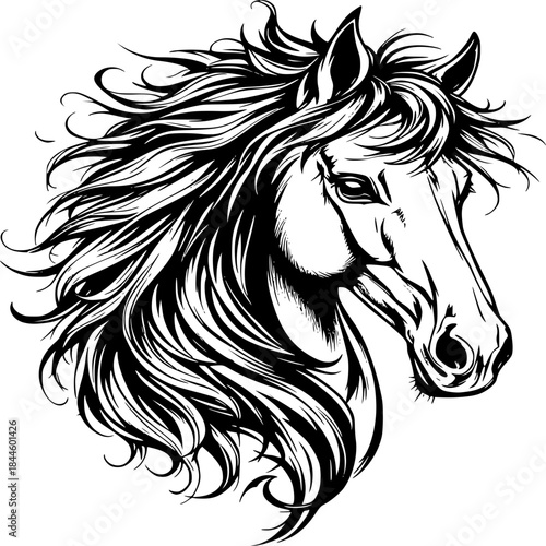 Majestic Equine Portrait: A striking black-and-white illustration of a horse, head and mane in a dynamic pose, evoking the spirit of freedom and strength.