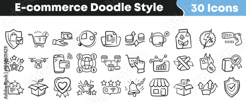 Collection of thirty hand drawn doodle style icons representing various essential concepts related to modern digital commerce and online shopping transactions on transparent background