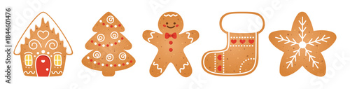 Gingerbread Cookies Set. Homemade Christmas cookies decorated with icing. House, tree, man, stocking and snowflake. Winter holidays or food theme. Vector illustration isolated on white background.