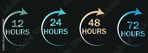 Vector Illustration 12, 24, 48, and 72 Hour Clock Icons. 24 and 48 hour service icon on white background. Large Arrowed Timeline Clocks. 