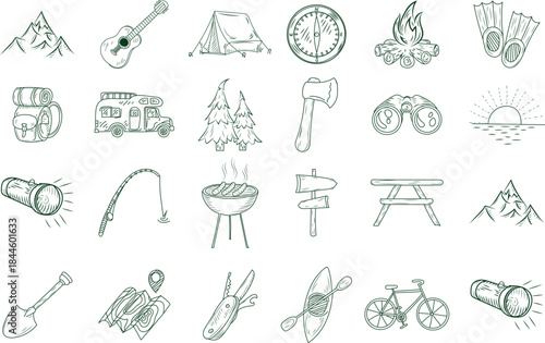 Collection of hand drawn outdoor recreation and camping icons perfect for adventure travel design elements