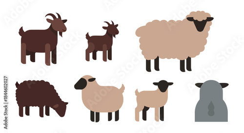 Collection of cartoon farm animals including goats and sheep of various colors and sizes