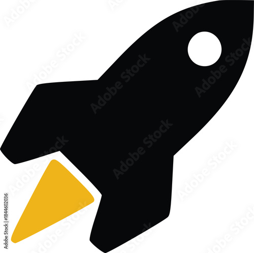 Rocket Ship in Ascent: A sleek, black rocket streaks upwards, its fiery engine leaving a vibrant trail. Embodying concepts of progress and innovation