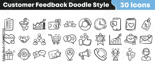 Thirty hand drawn doodle style icons representing customer feedback satisfaction service quality and business metrics for marketing design on transparent background