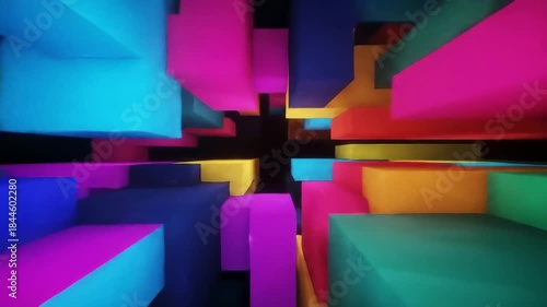 Colorful geometric abstract with floating rectangular shapes in blue, yellow, purple, orange and green against a dark background