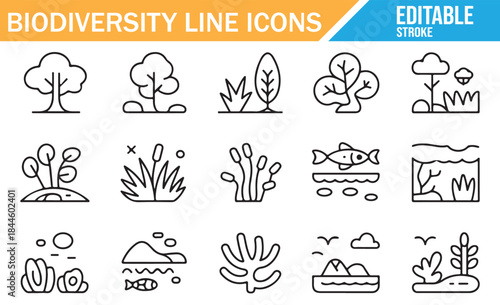 Biodiversity and nature line icons vector set.