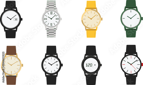 Wrist Watch Vector Illustration Set Featuring Analog and Digital Timepieces with Leather and Metal Straps for Fashion Accessories, Branding, and Product Design Projects