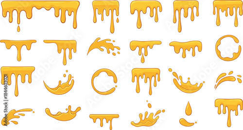 Honey Drip and Liquid Splash Vector Illustration Set with Golden Syrup Drops, Flowing Shapes, and Sticky Sweet Effects for Food, Dessert, and Creative Design Projects