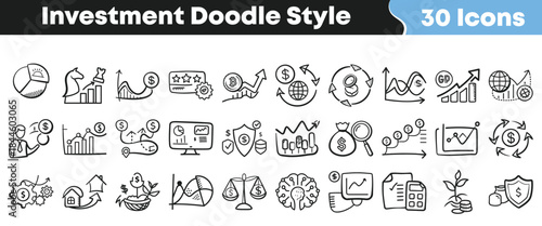 Collection of thirty hand drawn doodle style icons representing various concepts related to finance investment growth and economic analysis on transparent background
