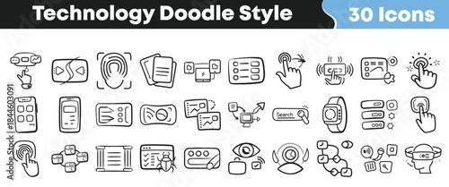 Thirty hand drawn technology doodle icons representing digital interaction security data flow and user interface elements in black outline style on transparent background