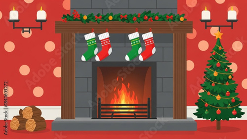 A festive holiday scene with a fireplace christmas tree and stockings hung by the chimney with care indoors