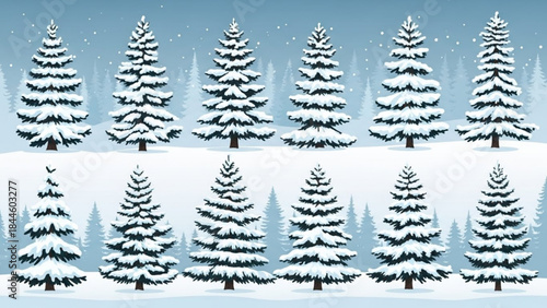 Snowy pine tree forest landscape with frosted evergreen trees on a winter day with snowfall