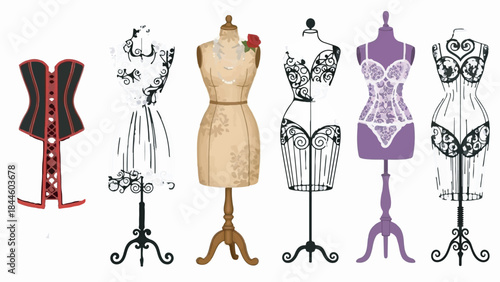 Collection of elegant vintage fashion dress forms, wire mannequins, and corset isolated vector illustration