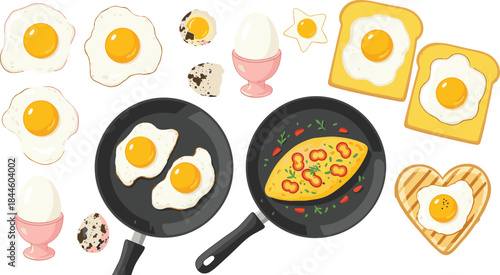 Fried Eggs and Breakfast Food Vector Illustration Set with Pans, Toast, Omelet, and Cute Egg Shapes for Kitchen, Menu, and Morning Meal Design Projects
