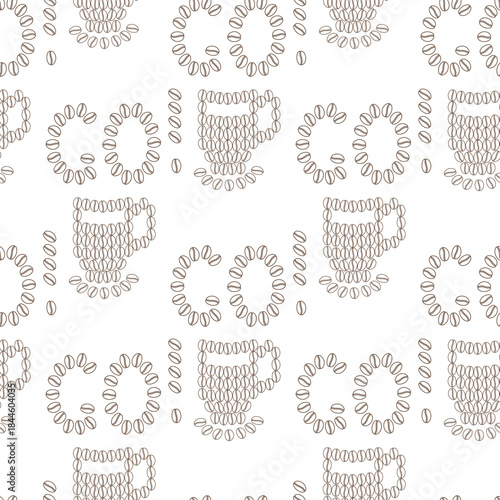 Letters Go with exclamation mark and Cup with saucer Made of Outline Coffee Beans Seamless Pattern. Isolated Vector illustration Coffee Thematic Greeting or Motivation Cards Media Post Banner, leaflet