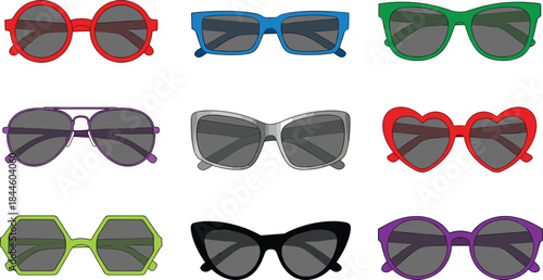 Fashion Sunglasses Vector Illustration Set with Colorful Retro and Modern Frames for Summer Accessories, Eyewear Branding, and Lifestyle Design Projects