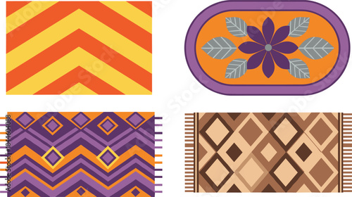 Decorative Area Rug and Carpet Vector Illustration Set with Geometric Patterns, Floral Motifs, and Colorful Textile Designs for Interior Home Decor Projects