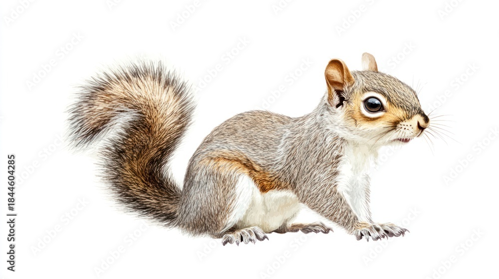 Fototapeta premium Cute squirrel posing, isolated, white background, wildlife