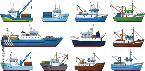 Fishing Boat and Trawler Vector Illustration Set Featuring Commercial Vessels, Cargo Ships, and Marine Industry Boats for Nautical, Maritime, and Ocean Design Projects
