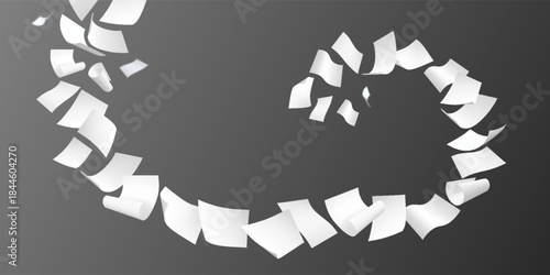 Flying white paper sheets, vector realistic throw paper pile floating in air, curled pages flight on twisted wind blow
