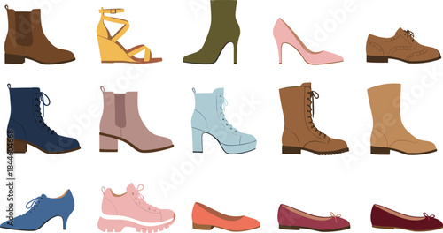 Women and Men Footwear Vector Illustration Set Featuring Boots, Heels, Sneakers, Flats, and Casual Shoes for Fashion Design, Retail Catalogs, and Apparel Branding