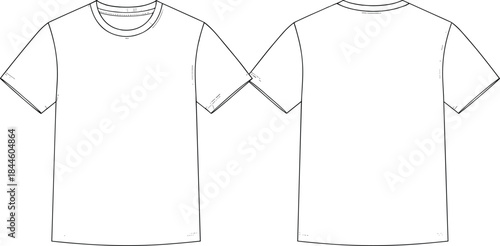 Blank T Shirt Technical Drawing Vector with Front and Back Views Outline for Apparel Design, Fashion Templates, Clothing Mockups, and Production Guides