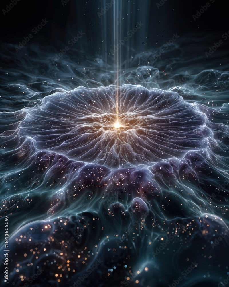 Obraz premium Glowing neural network core with cascading data streams and light beams symbolizing artificial intelligence and advanced medical information synthesis in futuristic dark blue environment