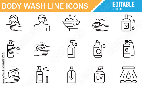 Hygiene and cleanliness line icon vector pack with bath bottles.