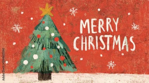 Merry Christmas tree decoration with red background and star on top