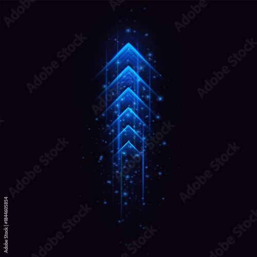 Speed rush arrows blue neon glow, light speed dynamic arrow on dark background, sci-fi design with acceleration effect