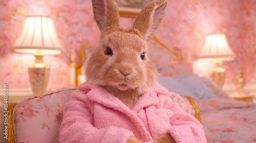 Rabbit sits on a chair in a room with pink wallpaper and lamps