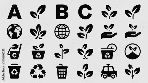 Black and white icons representing environmental concepts leaf plant