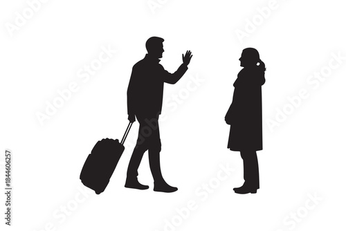 Silhouette Of Couple Saying Goodbye Man With Luggage Waving To Woman