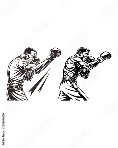 A black and white sketch depicts two boxers in aggressive stances, one throwing a punch and the other defending