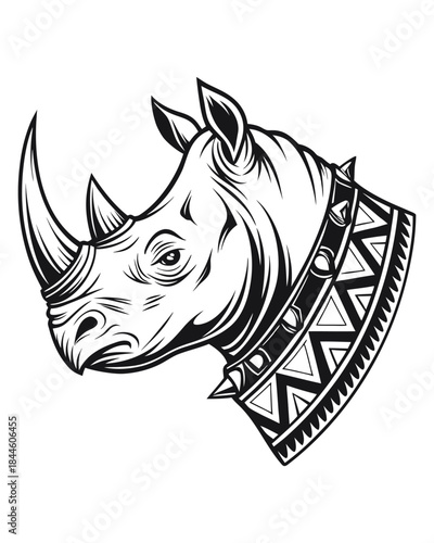 A striking black and white illustration of a rhinoceros head wearing an ornate, patterned collar, rendered in a detailed sketch style