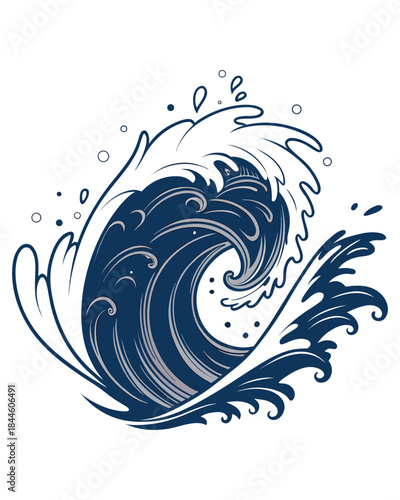 A stylized, powerful ocean wave depicted in a traditional Japanese art style with dark blue water and white foam