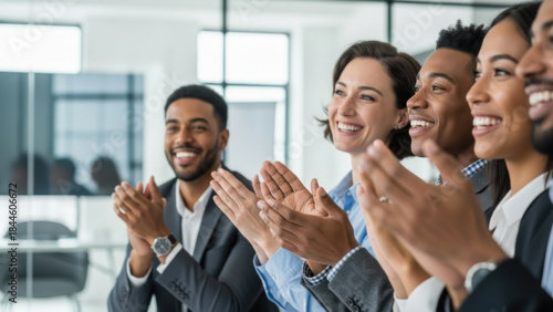 Diverse business team clapping and celebrating success in a modern office meeting. Multi-ethnic professionals applauding achievement and excellent work.