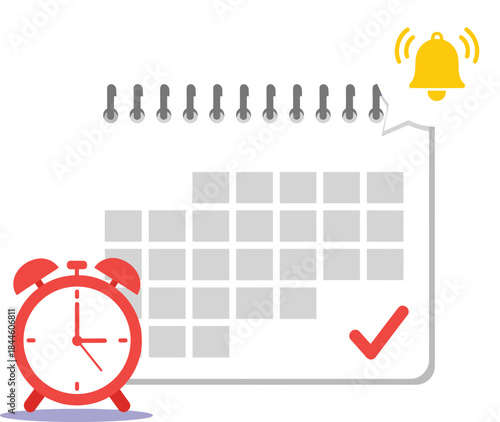 Vector Illustration of Calendar with Alarm Clock, Checkmark, and Bell, Symbolizing Scheduling, Time Management, and Appointment Reminders
