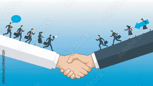 Business Handshake Illustration with Running Professional People and Agreement Concept