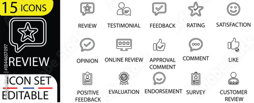 Review line icon set. Containing approval, evaluation, feedback, opinion, rating, response, review, satisfaction, select and more. Outline vector icons collection.