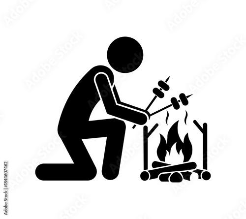 Homeless Stickman Cooking Food Over Small Fire – Poverty and Survival Concept.